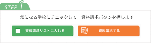 STEP1　気になる学校にチェックして、資料請求ボタンを押します